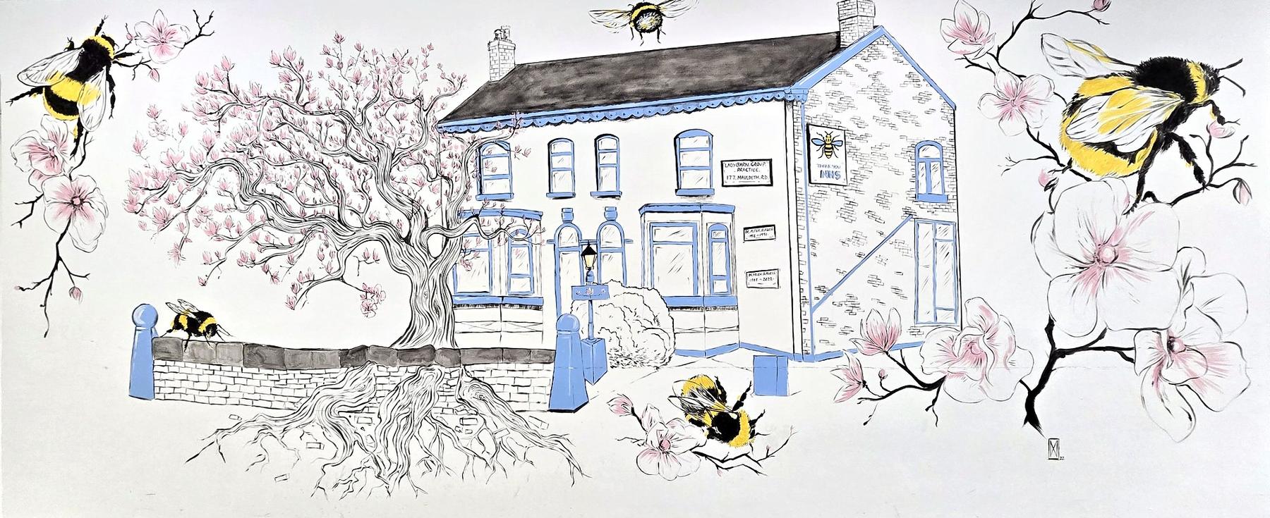 A hand-painted mural of the practice building, with blossom trees and bumblebees.